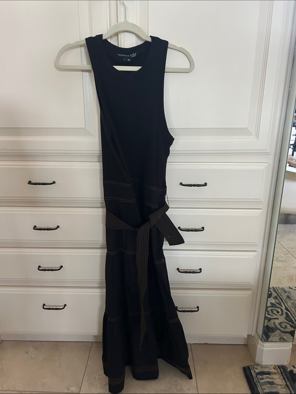 Veronica Beard Black Sleeveless Tie-Waist Maxi Dress
